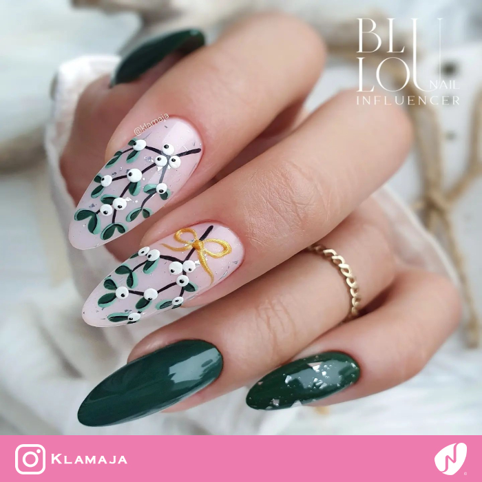 Mistletoe Green and White Nails